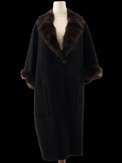 Perfect Loro Piana Black Cashmere Wool Coat with Fur Collar Size M