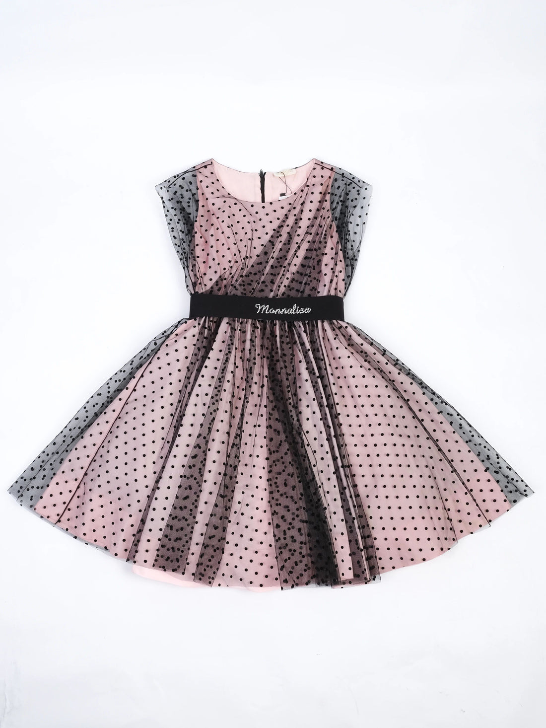 Excellent Monnalisa Pink Dress Size 12 Polka Dots Tulle Overlay