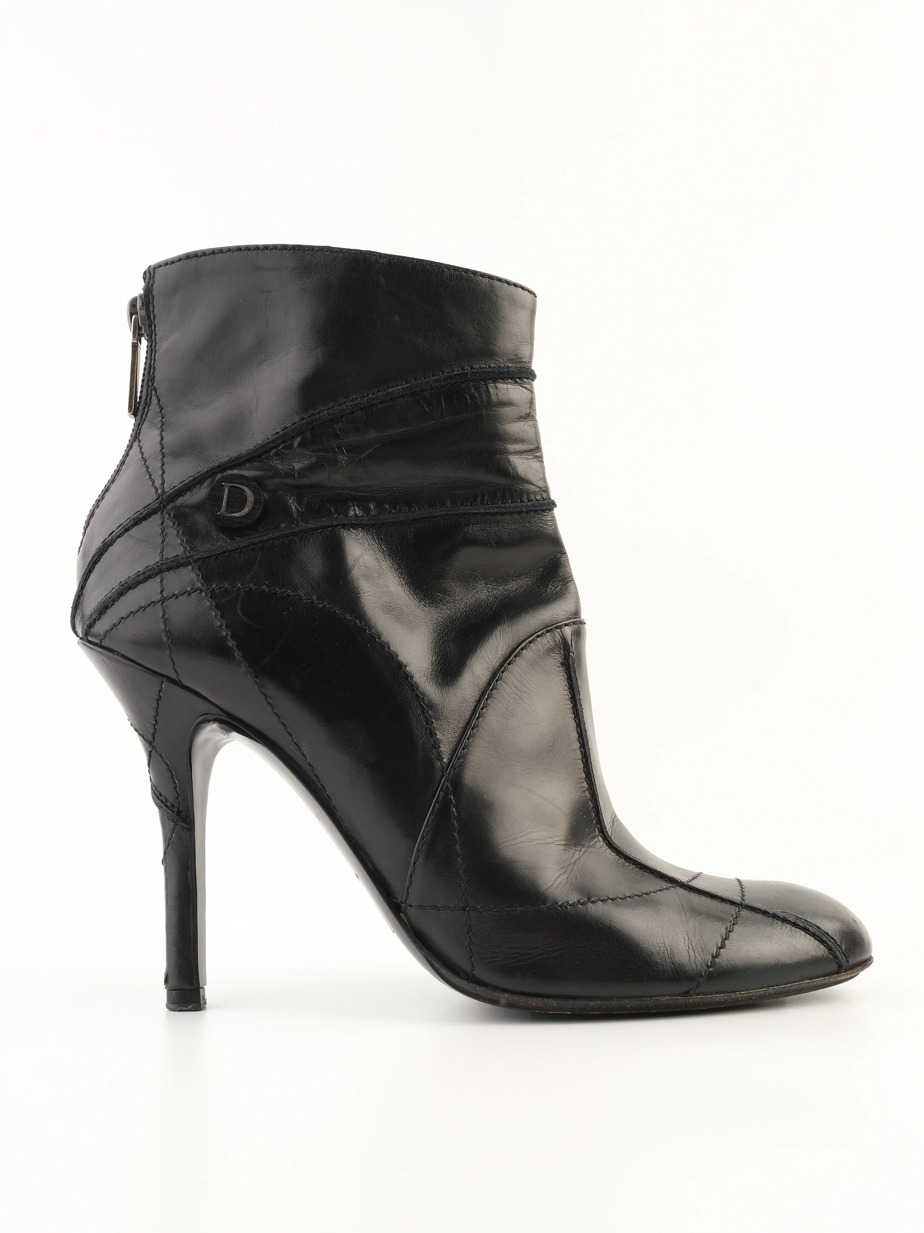 Excellent Dior Black Leather High-Heeled Ankle Boots Size 38