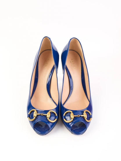 Excellent Gucci Blue Leather High-Heeled Peep-Toe Shoes Size 38