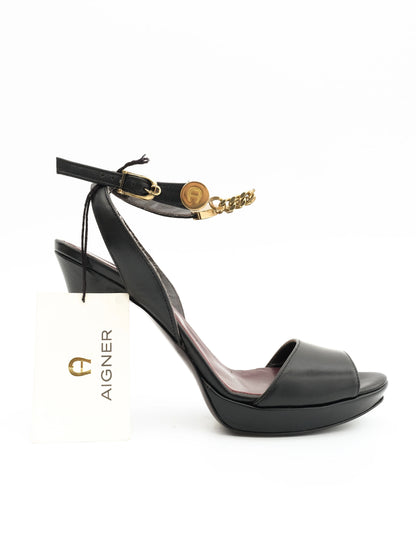 NEW Aigner Black High-Heeled Sandals Leather Size 38 with Gold Details