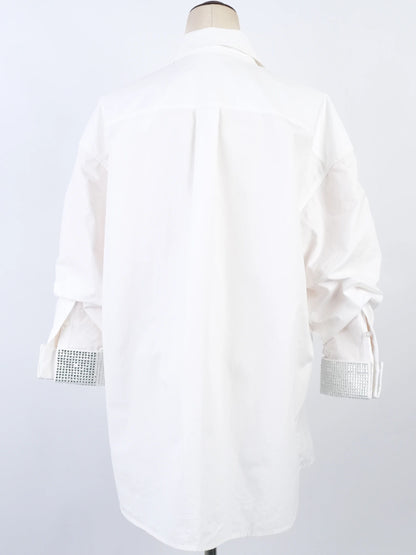 Excellent Alexander Wang White Cotton Collared Shirt with Embellished Cuffs