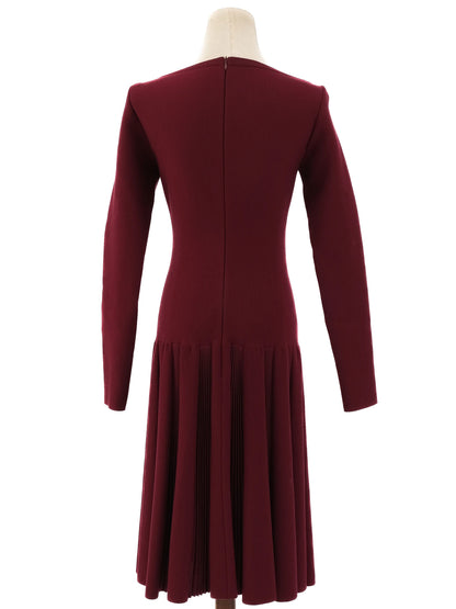NEW Alaia Burgundy Wool Long Sleeve Dress with Pleated Skirt