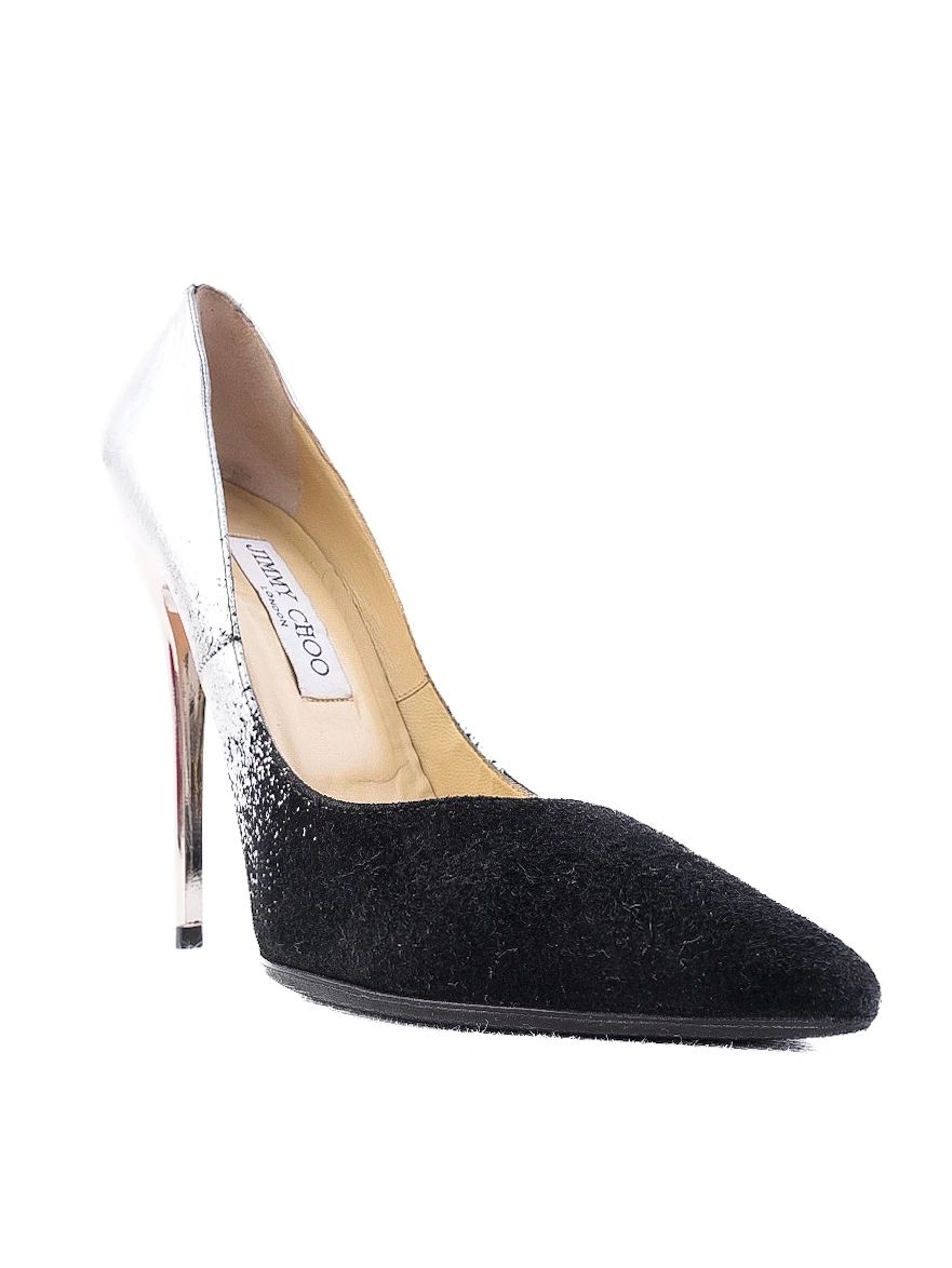 Excellent Jimmy Choo Black Silver High-Heeled Shoes Leather Women&