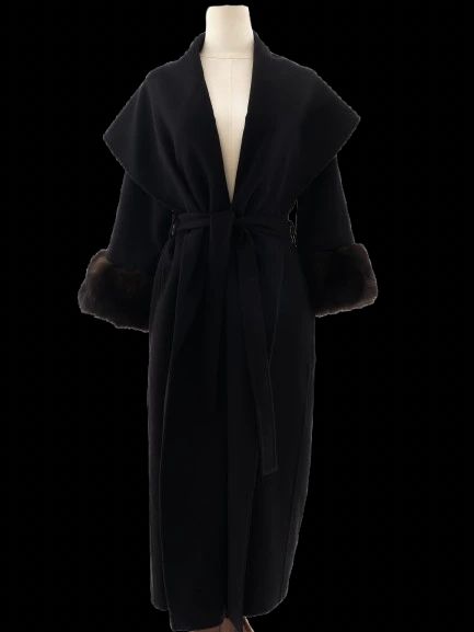 Perfect Black Cashmere Wool Coat with Fur Trim Size M