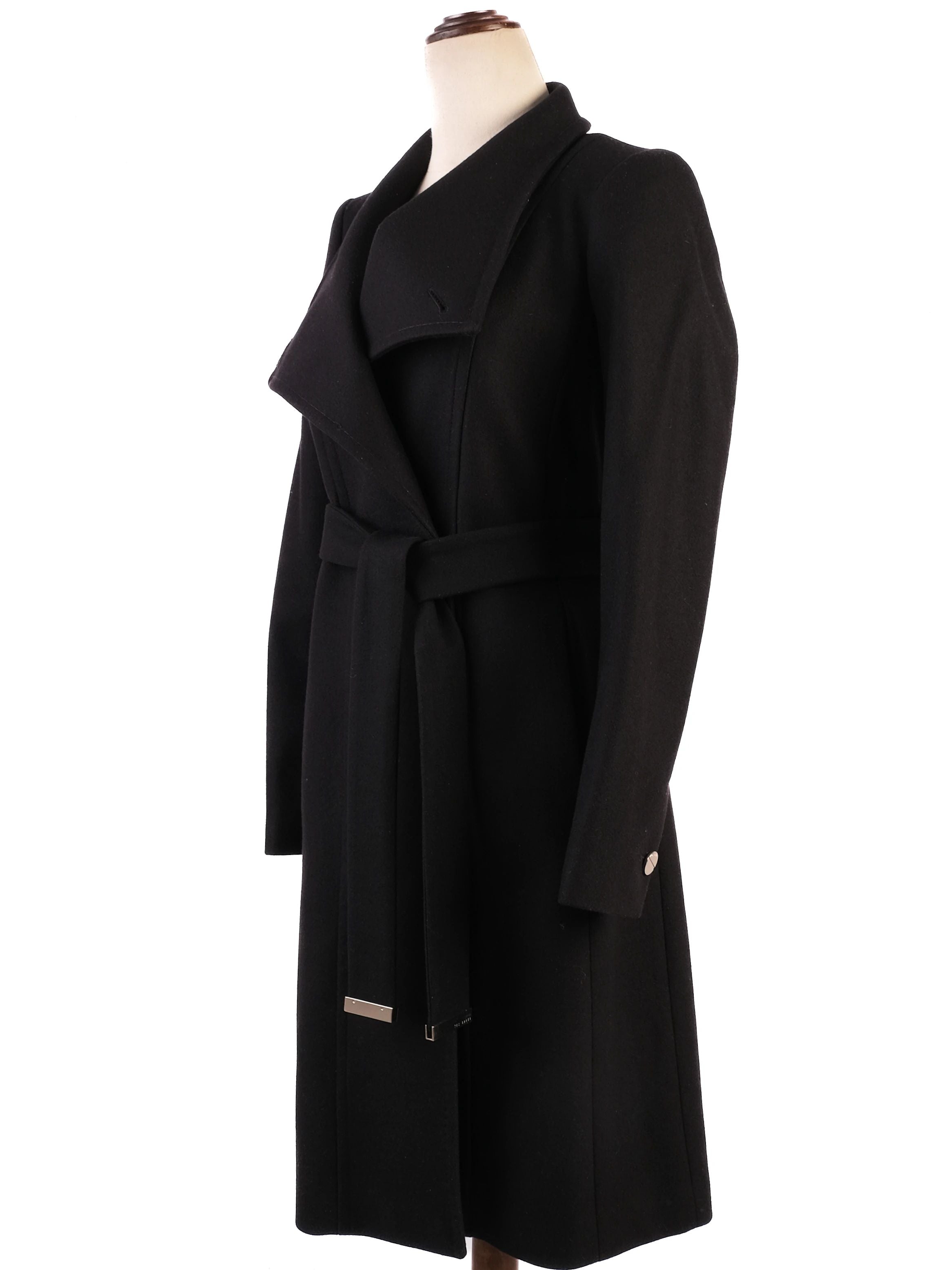 NEW Ted Baker Black Wool Coat XS with Lapel and Waist Tie