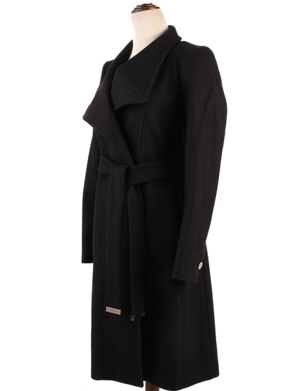 NEW Ted Baker Black Wool Coat XS with Lapel and Waist Tie