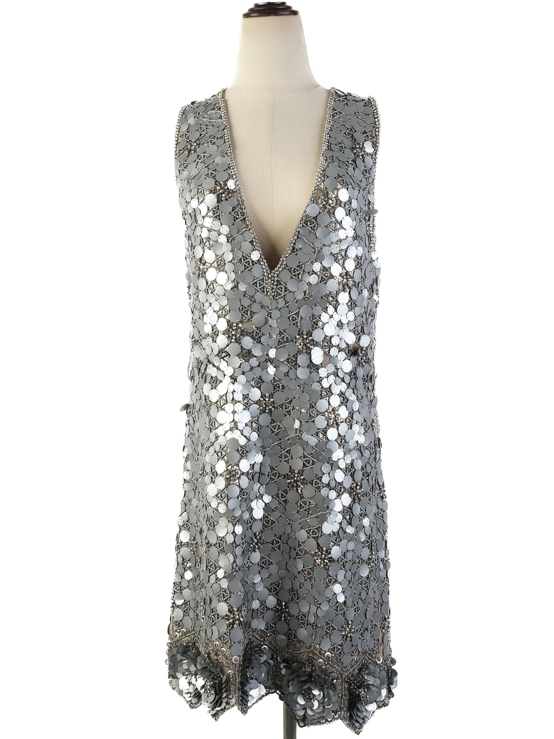 Excellent Gray Silk Sleeveless Dress with Sequin Embellishments
