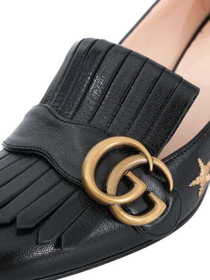 Gucci Black Leather Block-Heeled Loafers with Embroidered Details Size 36.5