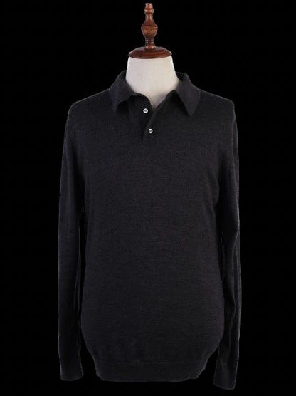 Excellent Cenere Gray Wool Long-Sleeved Polo Shirt Size L for Men