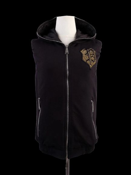 Excellent Phillipp Plein Black Sleeveless Hoodie with Embellished Crest