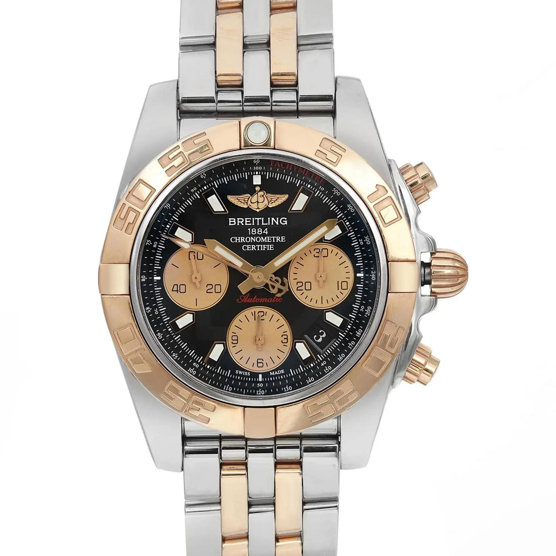 Breitling Chronomat 41 18K Rose Gold Steel Black Dial Watch CB014012/BA53-378C