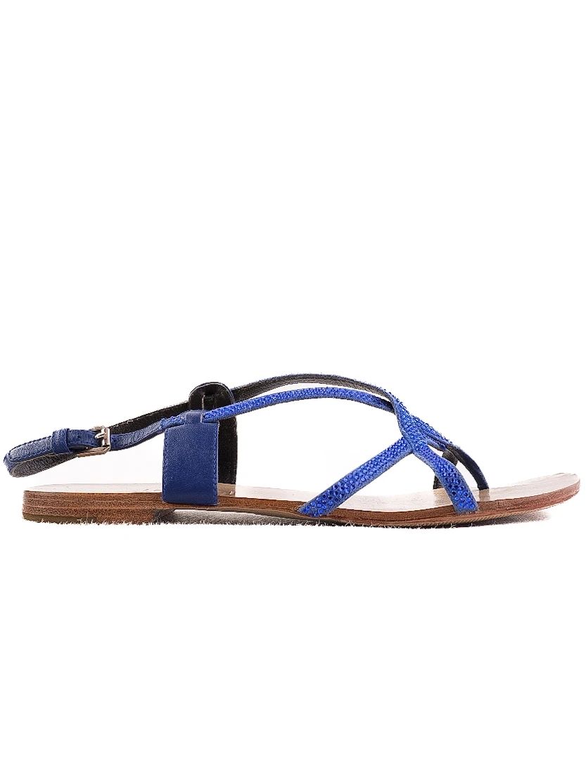 Excellent Laurel Blue Fabric Flat Sandals with Ankle Buckle, Size 38