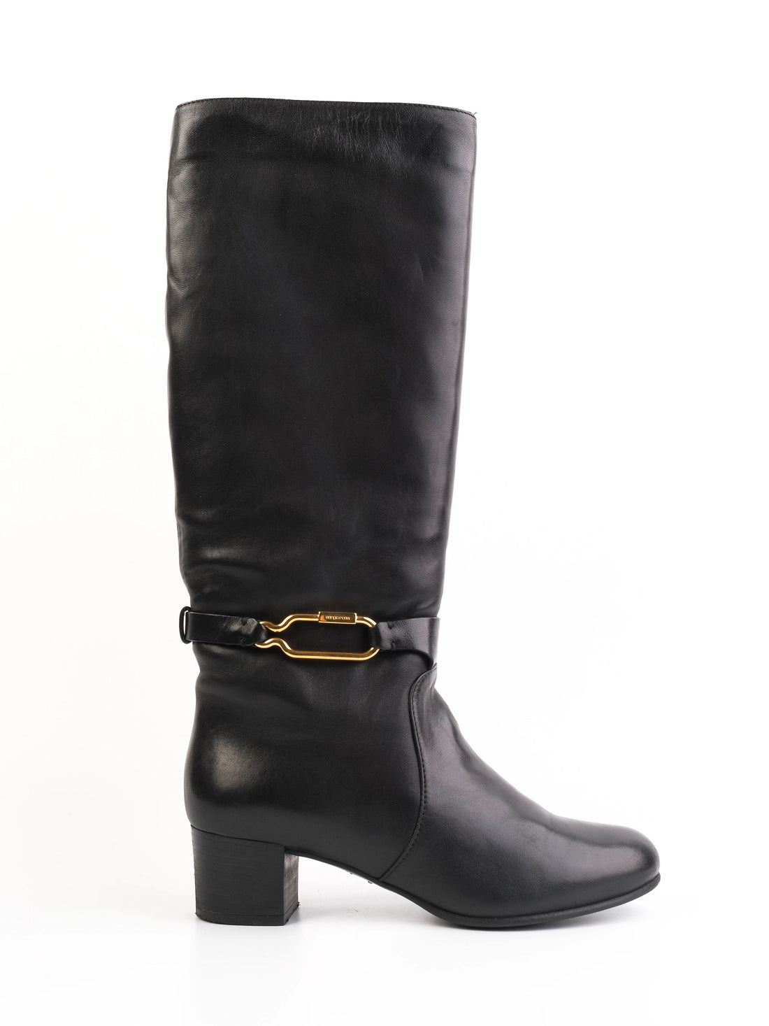 Excellent Sergio Rossi Black Leather High Boots Size 38 with Gold Buckle