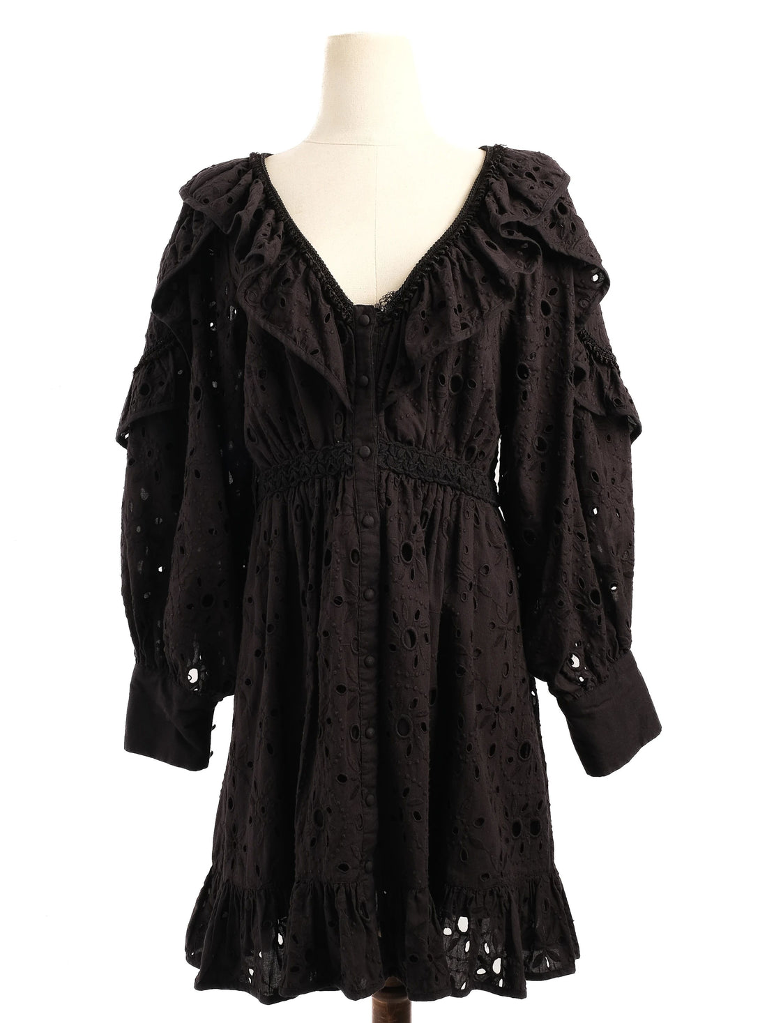 Excellent Uterque Black Cotton Dress M with Ruffle &amp; Embroidery Details