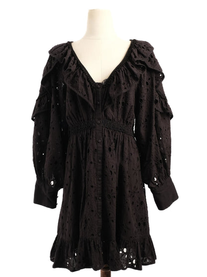 Excellent Uterque Black Cotton Dress M with Ruffle &amp; Embroidery Details