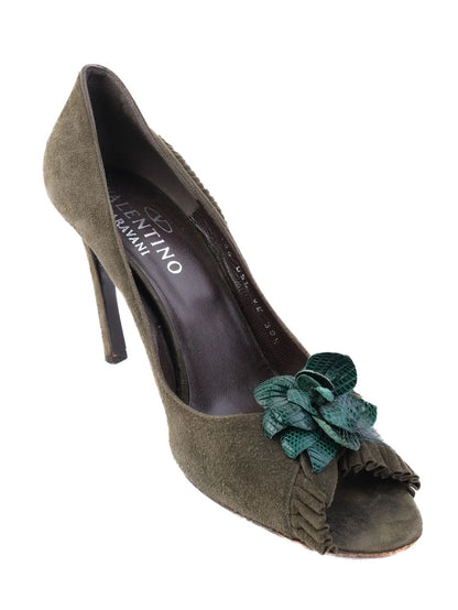 EXCELLENT Valentino Green Stiletto Heels Leather Open Toe Floral Embellishment