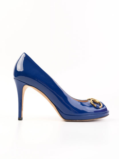 Excellent Gucci Blue Leather High-Heeled Peep-Toe Shoes Size 38