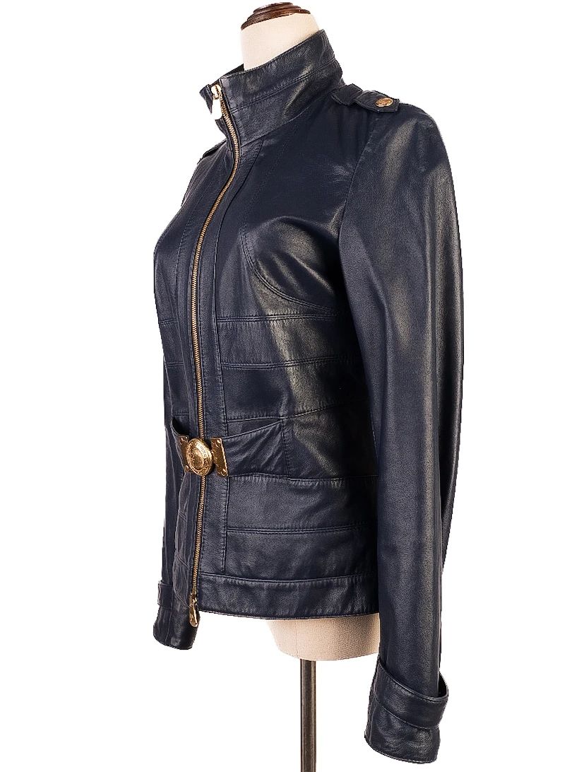 Versace Blue Leather Jacket Women Size XS Excellent Condition