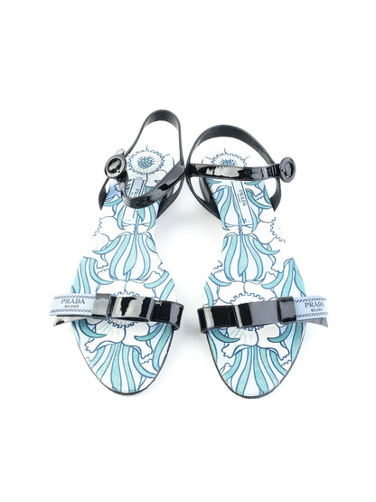 Perfect Prada Black Floral Patterned Sandals with Ankle Straps