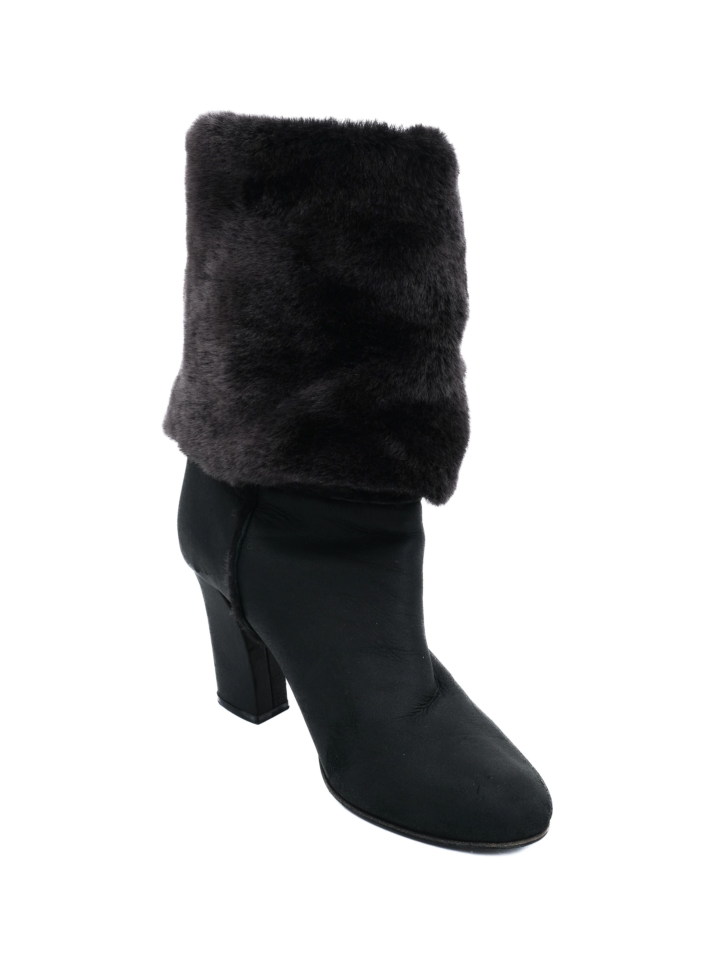 Good Casadei Black Leather Ankle Boots with Fur Cuff, Size 36.5