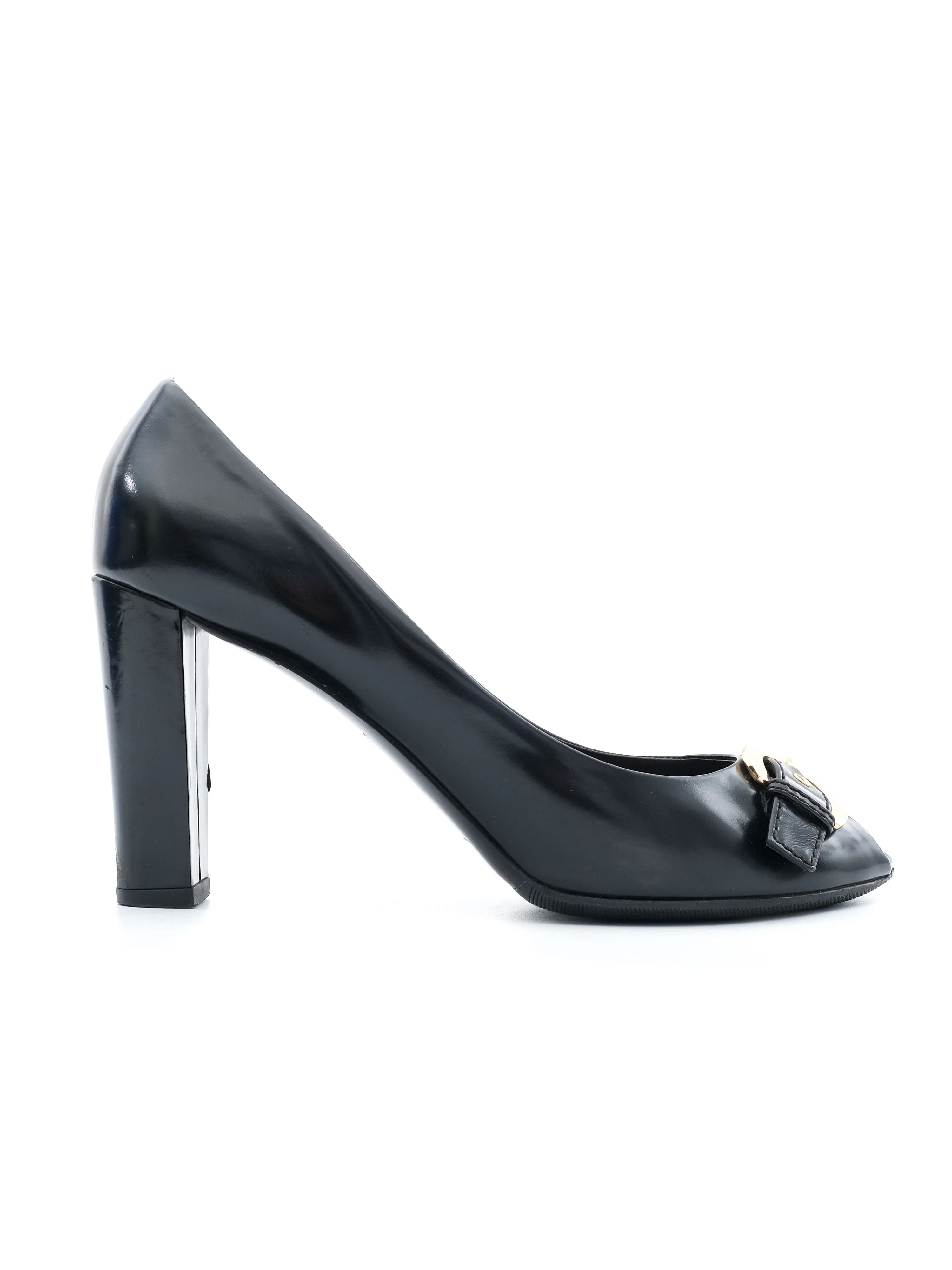 Excellent Louis Vuitton Black Leather High-Heeled Shoes Peep-Toe