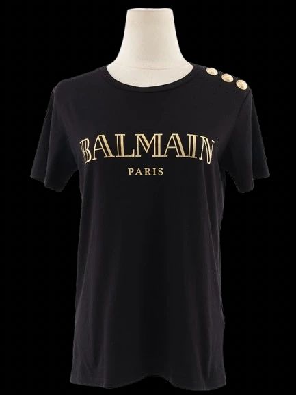 Excellent Balmain Black T-Shirt XS with Gold Print &amp; Buttons