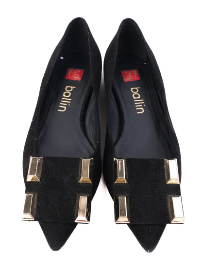 Good Ballin Black Leather Flat Shoes with Gold Embellishments Size 37