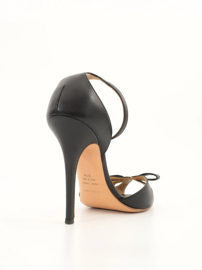 Excellent Vicini Black Leather High-Heeled Shoes Size 37.5 with Bow