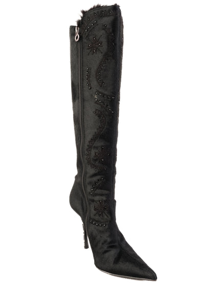 Excellent Lesilla Black Knee-High Stiletto Boots with Fur-Like Texture