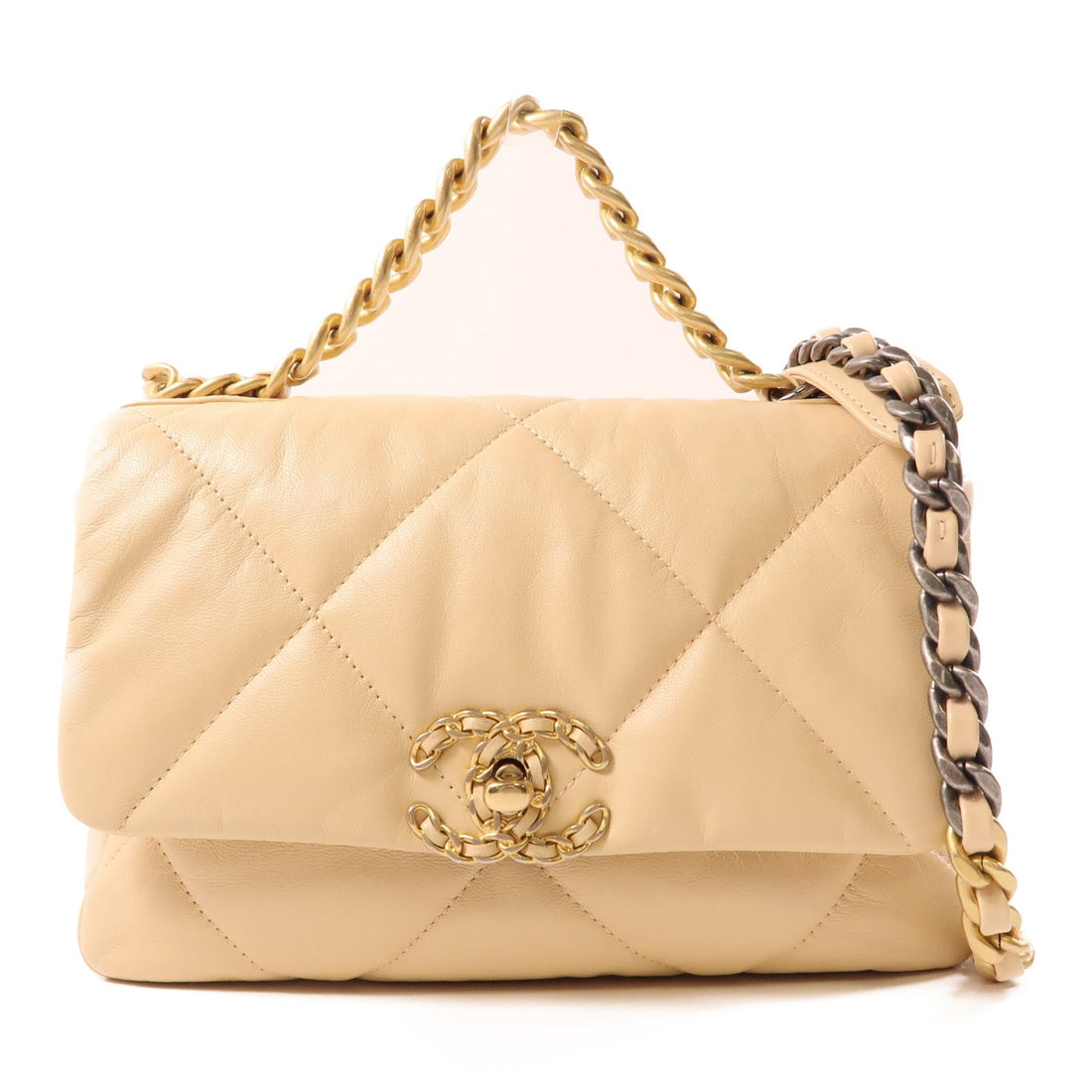 Chanel Beige Sheepskin Leather 19 Hand-turned Shoulder And Back Bag 2way Shoulder Bag Lambskin (sheep Leath