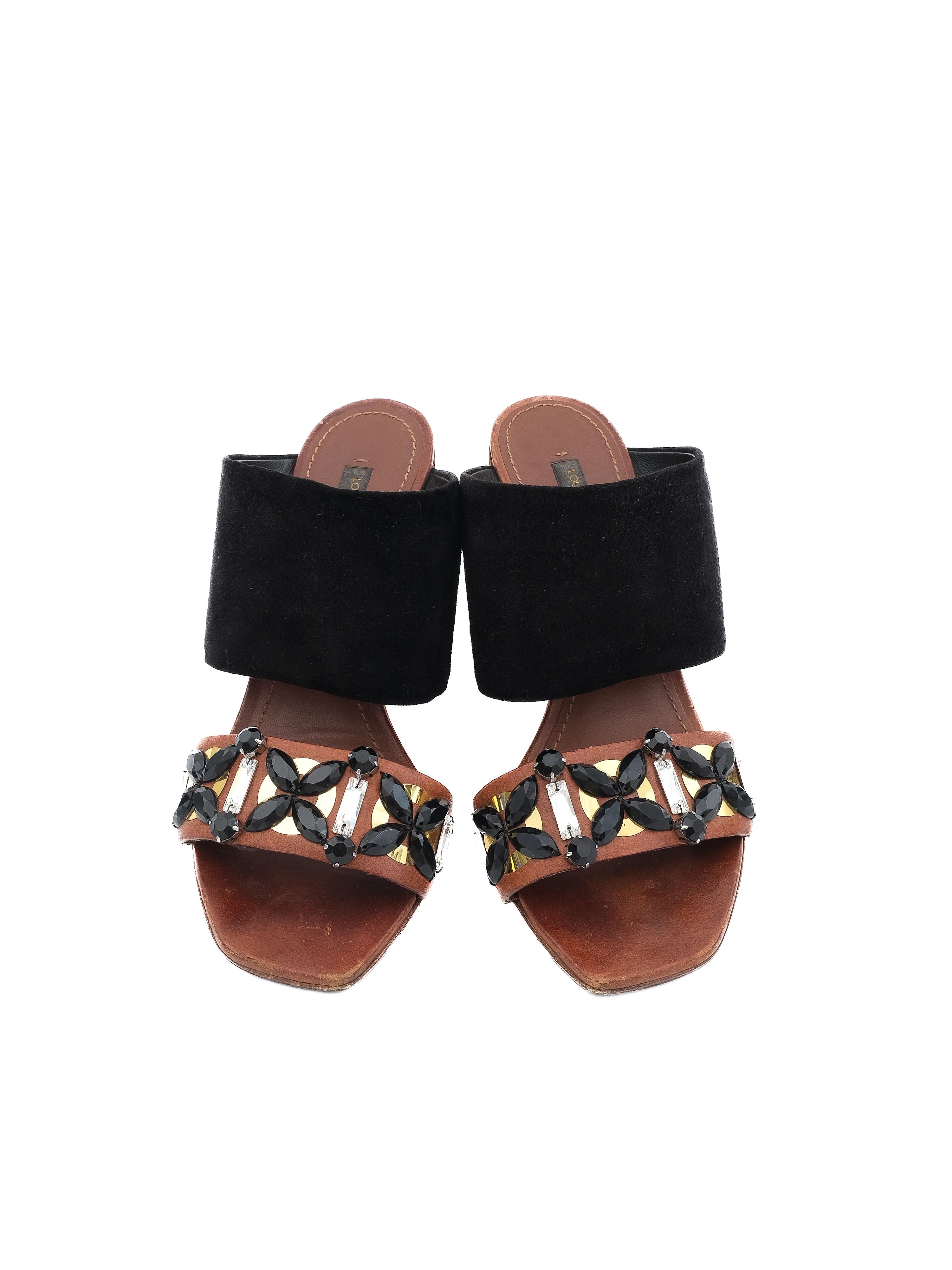 Excellent Louis Vuitton Black Suede Block-Heeled Sandals Size 36.5