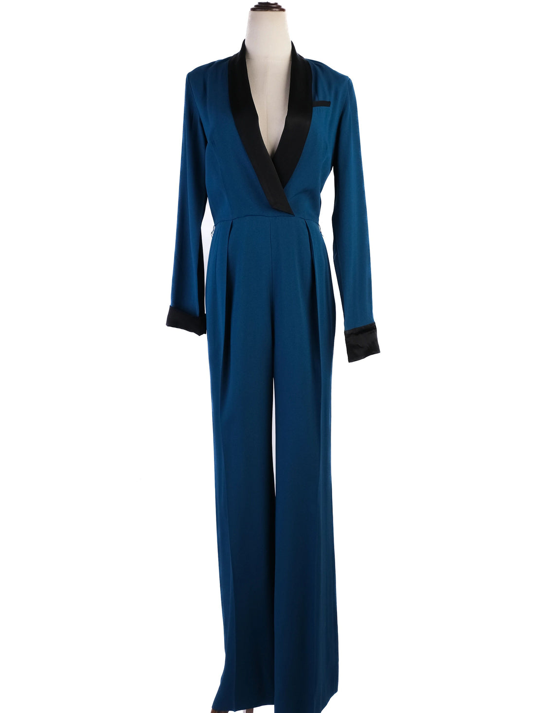 Excellent Rachel Zoe Teal Jumpsuit XS with Black Lapels & Cuffs