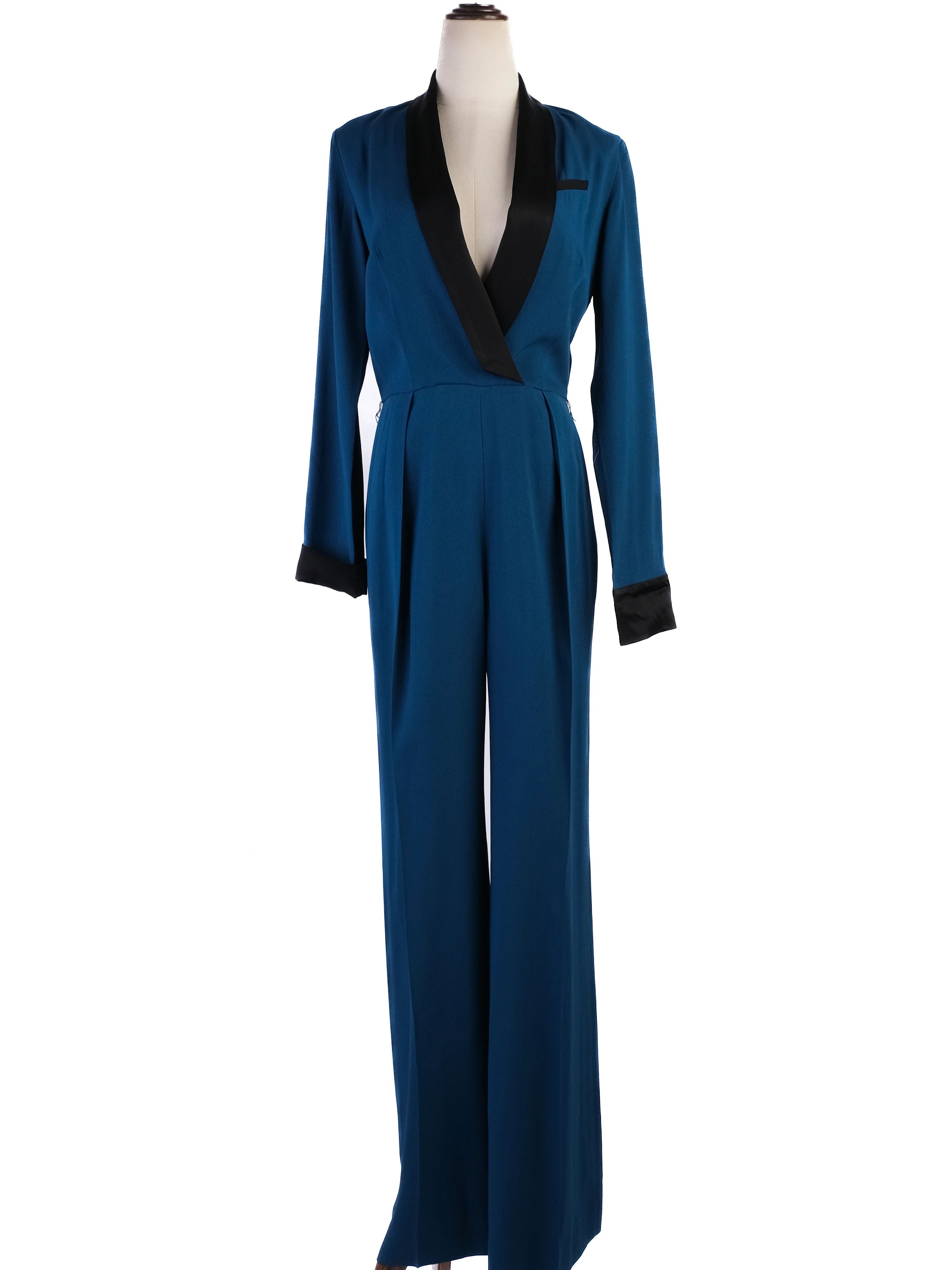 Excellent Rachel Zoe Teal Jumpsuit XS with Black Lapels &amp; Cuffs