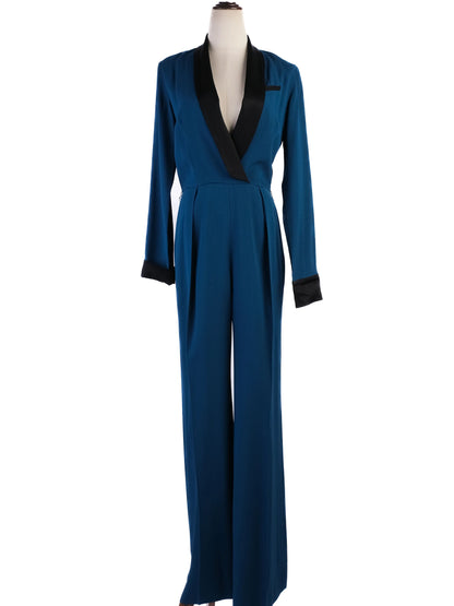 Excellent Rachel Zoe Teal Jumpsuit XS with Black Lapels &amp; Cuffs