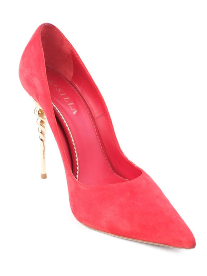 Excellent Lesilla Red Genuine Suede High-Heeled Shoes with Gold Heel