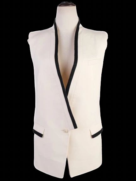 Excellent Roberto Cavalli White Wool Sleeveless Blazer with Black Trim