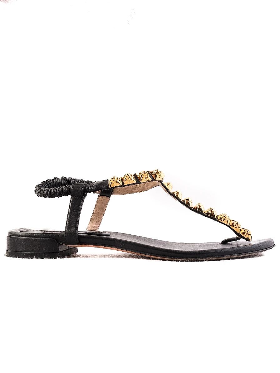 Stuart Weitzman Black Leather Sandals with Gold Studs Size 38.5