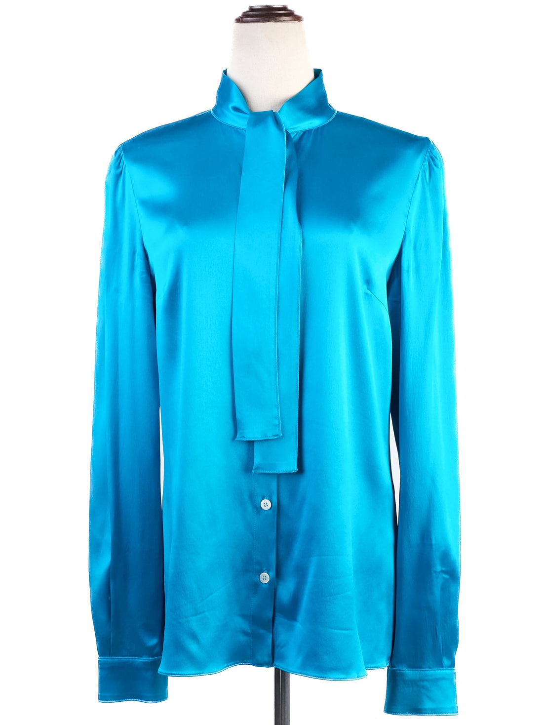 Excellent Dolce Gabbana Turquoise Silk Blouse Size L with Tie-Neck