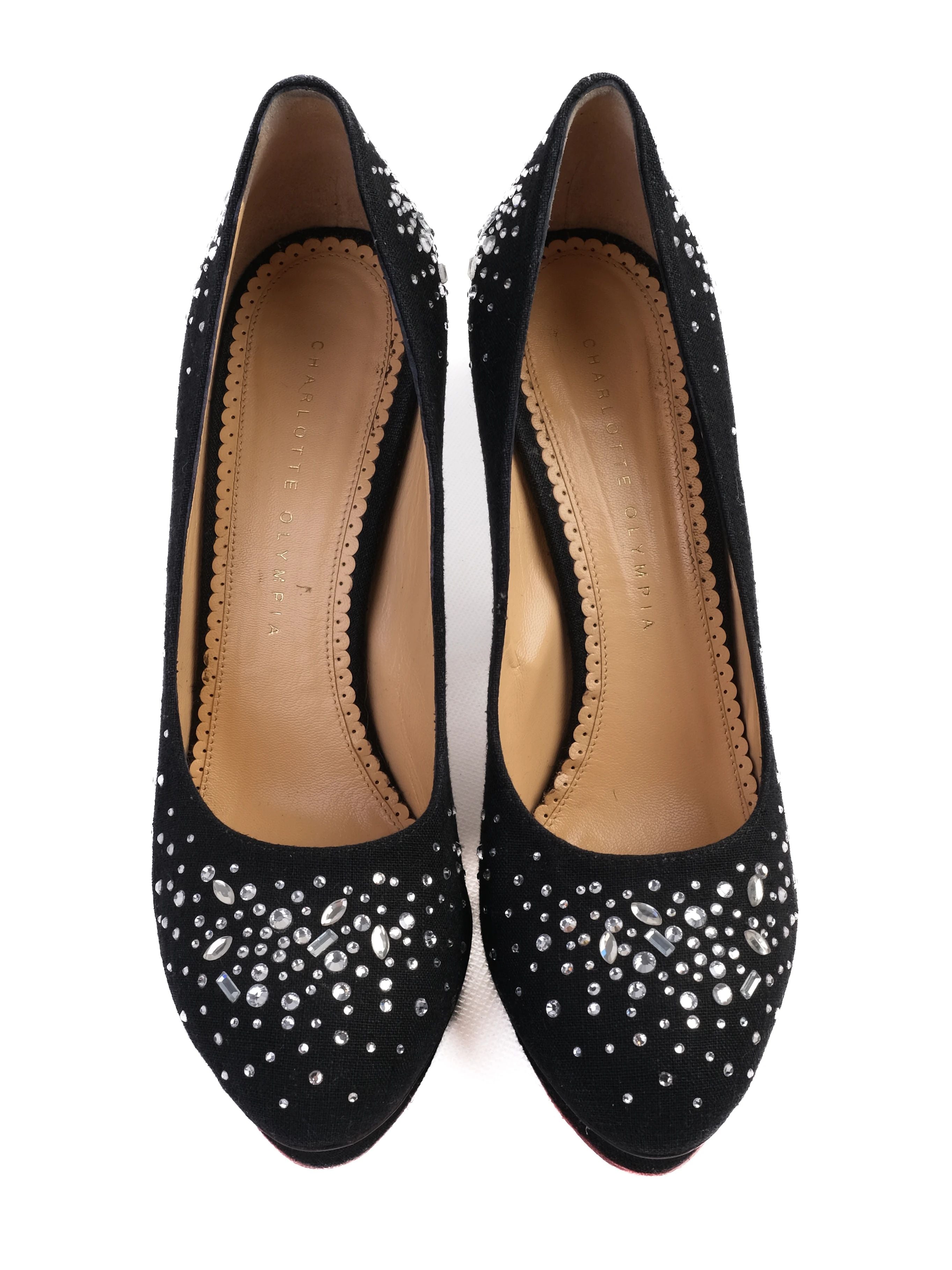 Excellent Charlotte Olympia Black Leather High-Heeled Shoes Size 39