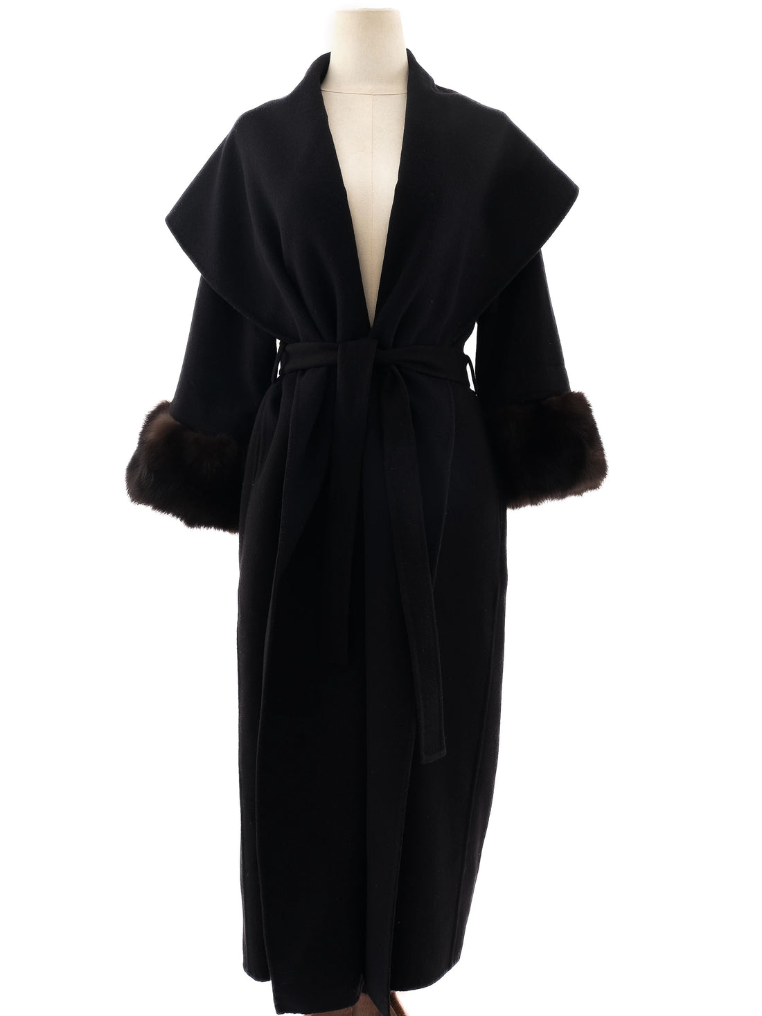 Perfect Black Cashmere Wool Coat with Fur Trim Size M