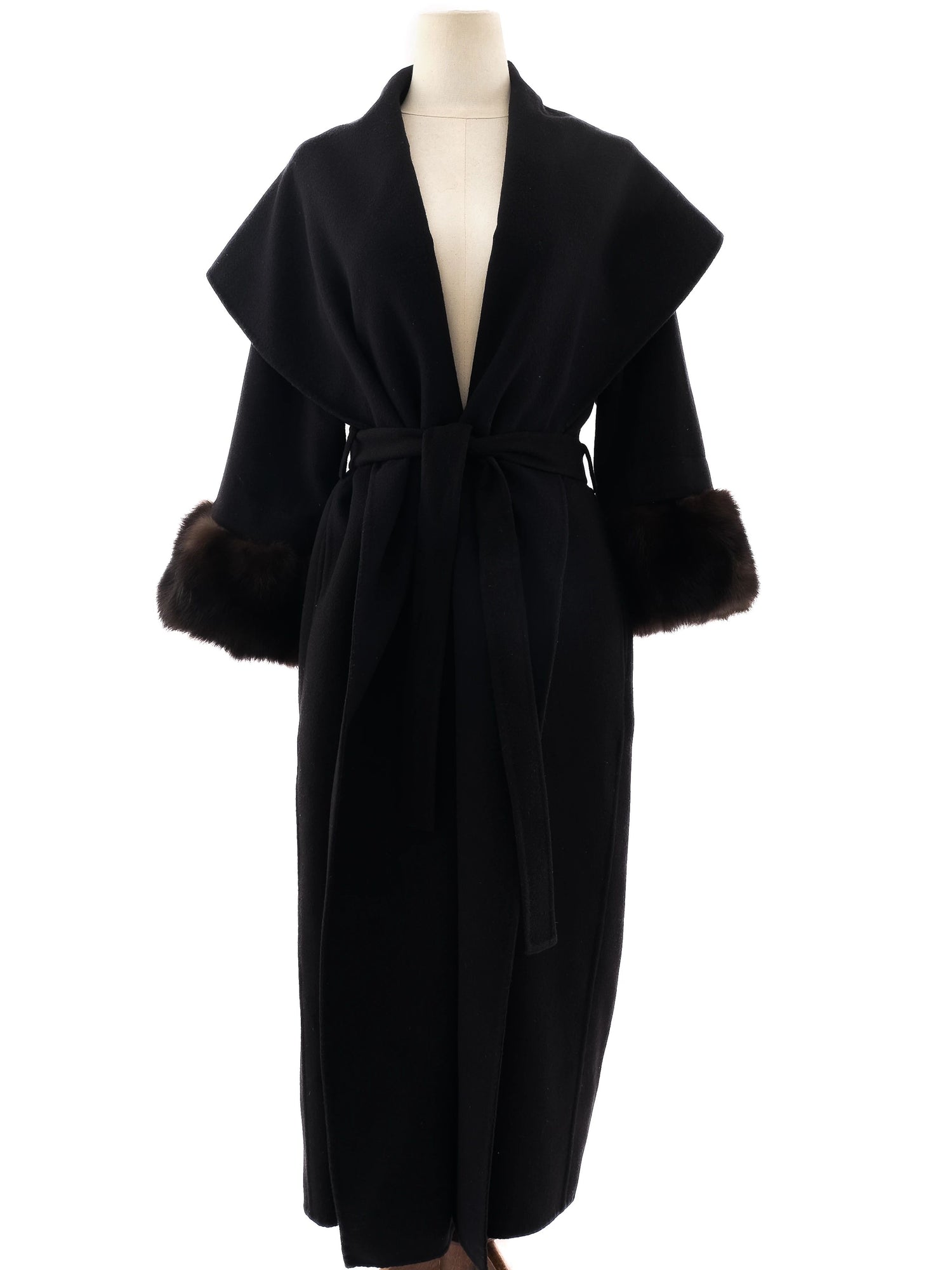 Perfect Black Cashmere Wool Coat with Fur Trim Size M