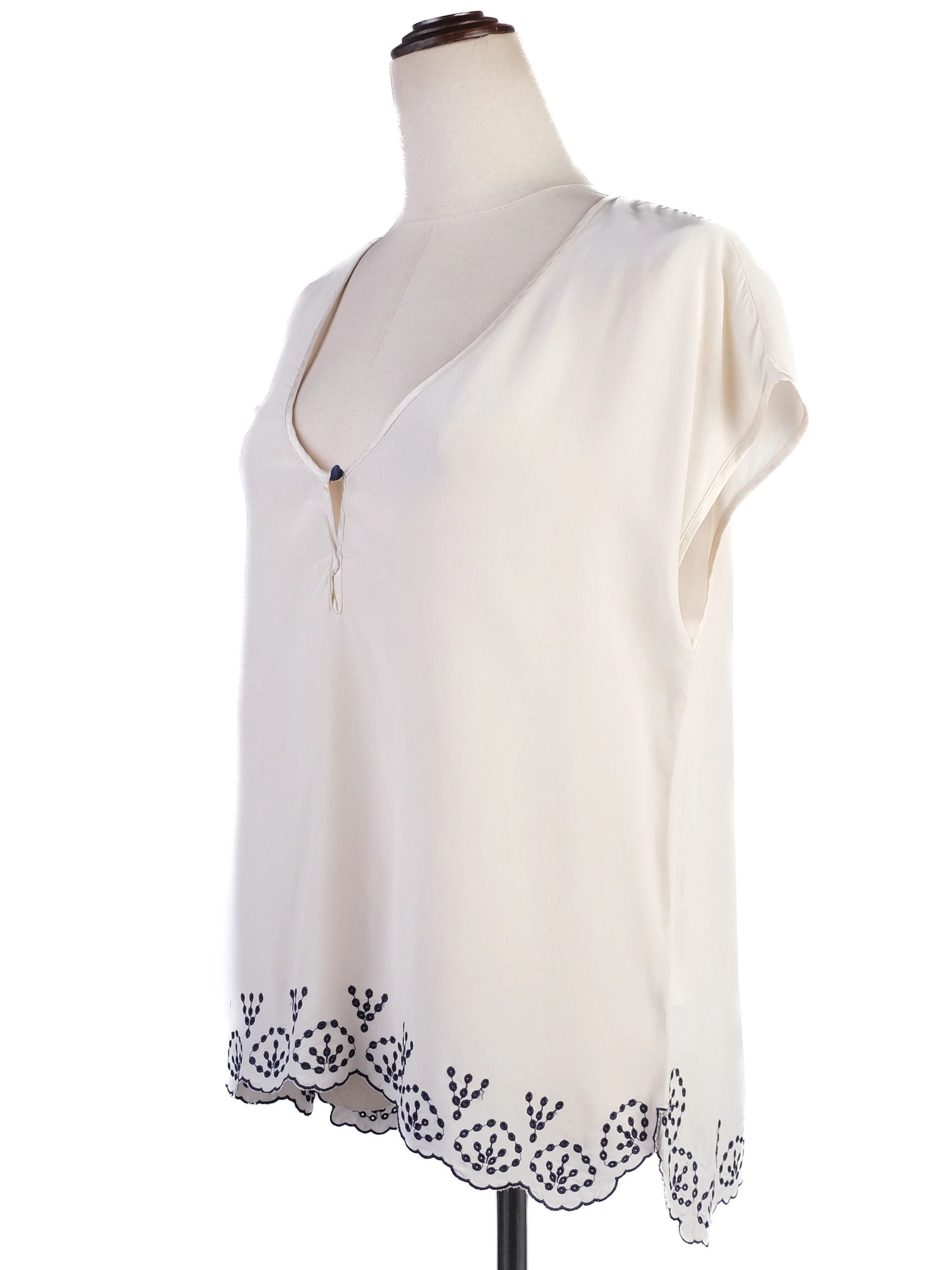 Zadig&amp;Voltaire White Silk Blouse with Navy Embroidery Size M