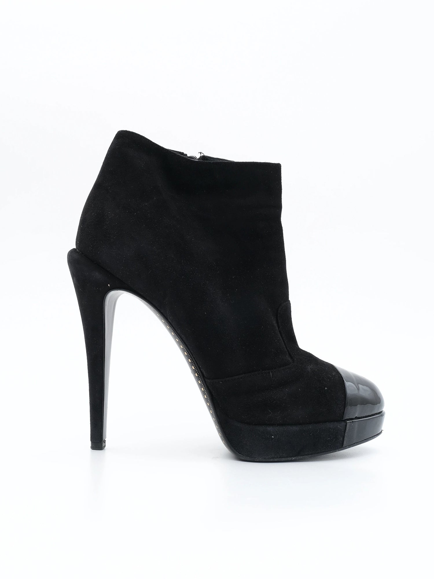 Excellent Chanel Black Leather High-Heeled Ankle Boots Size 38.5