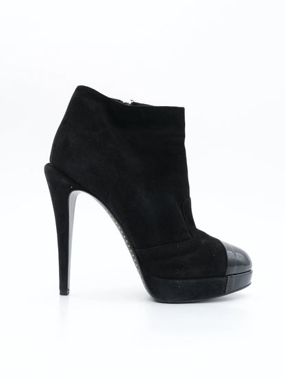Excellent Chanel Black Leather High-Heeled Ankle Boots Size 38.5