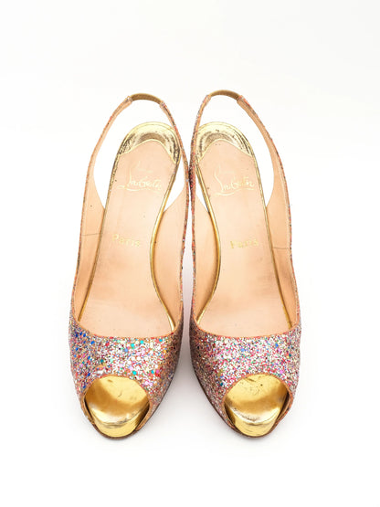 Good Condition Christian Louboutin Glitter Slingback Peep-Toe Heels Size 40