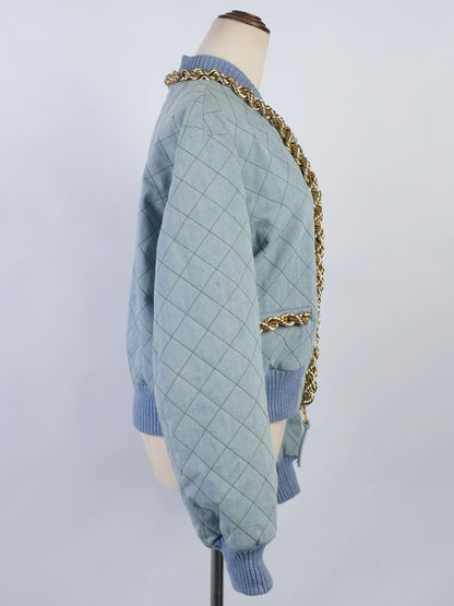 Excellent Moschino Blue Quilted Denim Jacket &amp; Skirt Set