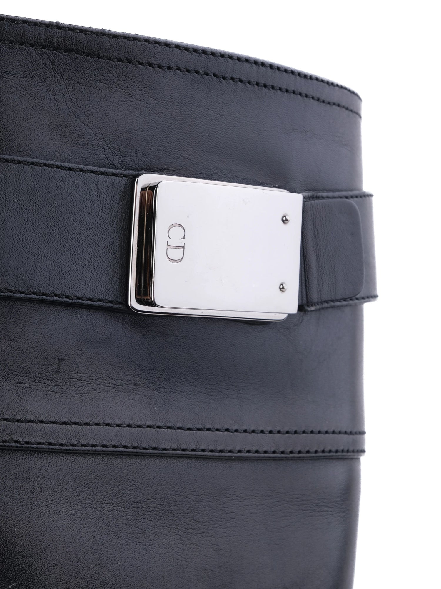 Excellent Dior Black Leather Knee-High Boots Size 36 with Buckle Detail