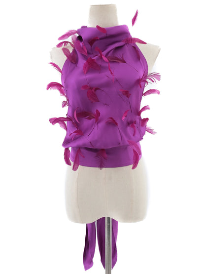 Excellent The Attico Purple Silk Top with Feathers, Size M
