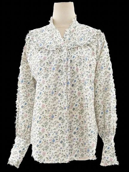 Weekend MaxMara Floral Blouse White Ruffled Collar Size M